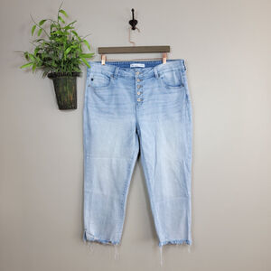 KanCan Skinny Cropped Jeans Light Wash Exposed Button Fly Frayed Split Hem 16